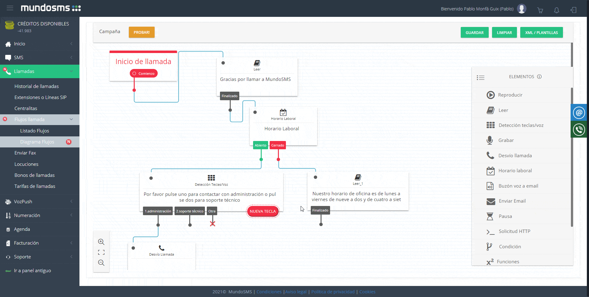 Captura de pantalla de la plataforma de demostración de MundoSMS